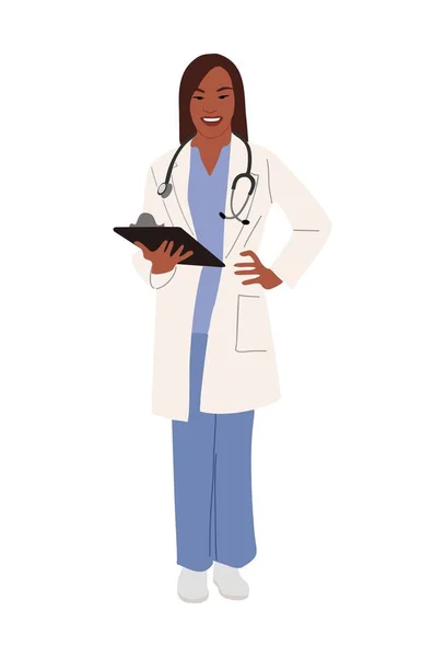 Vrouwelijke Dokter Portret Van Een Zelfverzekerde Zwarte Vrouw Uniform Jas — Stockvector