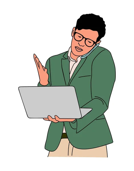 Biznesmen Pracujący Laptopie Rozmawiający Przez Telefon Młody Przystojniak Eleganckim Stroju — Wektor stockowy