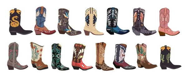 Set Various Cowboy Boots Different Ornaments Fashion Concept Wild West — Stock Vector