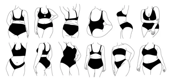 Çamaşırlı Kıvrımlı Kadınların Çizgi Çizgisi Çizimi Artı Bikinili Vücut Ölçülerinde — Stok Vektör