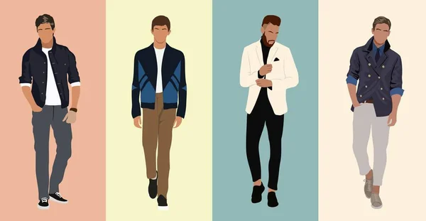 一系列穿着时髦服装的时尚男士们 穿着时髦休闲装 夏装的家伙 孤立的彩色现实矢量图 — 图库矢量图片