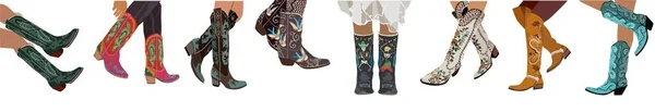 Conjunto Pernas Botas Cowboy Ocidental Botas Vaqueira Decorativas Elegantes Bordadas — Vetor de Stock