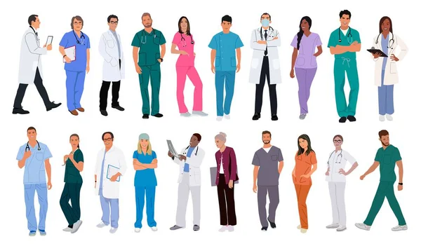 Een Stel Lachende Dokters Verpleegsters Paramedici Verschillende Mannelijke Vrouwelijke Artsen — Stockvector