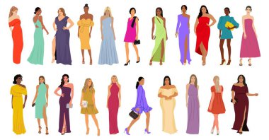 Collection of stylish young women wearing fashionable dress for evening event, cocktail or party. Set of gorgeous girls in luxury clothes. Realistic vector illustration on white background.