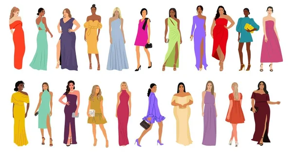Колекція Стильних Молодих Жінок Модному Одязі Вечірньої Події Коктейлю Або — стоковий вектор