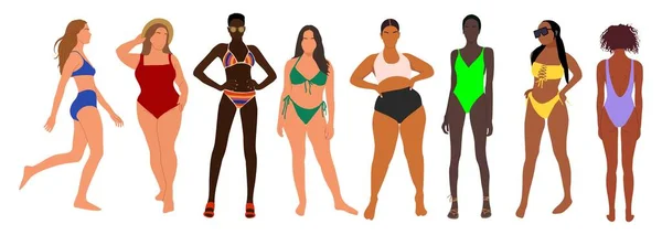 Diverse Bikini Women Set Girls Swimsuit Different Body Types Races — Stock Vector
