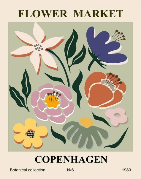 Soyut Poster Çiçek Pazarı Baskısı Kopenhag Danimarka Renginde Çiçek Desenli — Stok Vektör