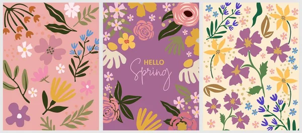 春の背景カラフルなセット 異なる花や葉を持つエレガントな花の背景 垂直ポスター グリーティングカード バナー チラシテンプレート ベクトルアートイラスト — ストックベクタ