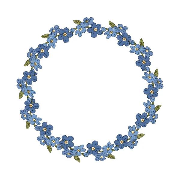 Corona Floral Con Azul Olvides Flores Marco Redondo Elemento Diseño — Vector de stock