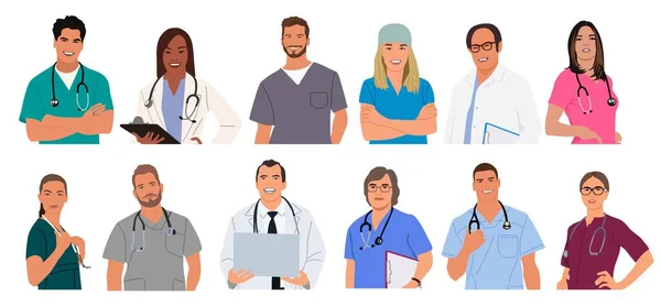 Set Smiling Doctors Nurses Portraits Avatars Male Female Medic Workers — Stock Vector