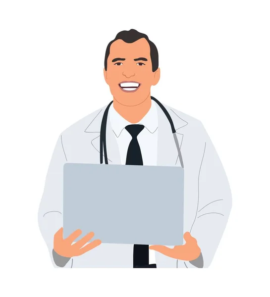 Médico Sonriente Con Portátil Retrato Trabajador Médico Uniforme Con Estetoscopio — Vector de stock