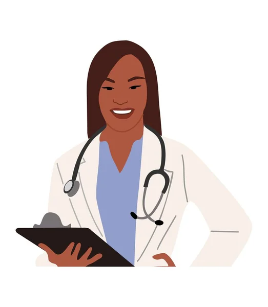 Doctora Con Comprimido Retrato Una Bonita Trabajadora Médica Negra Uniforme — Vector de stock