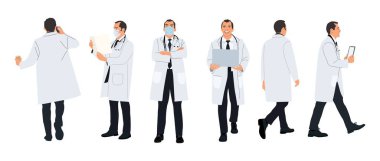 Erkek doktor karakteri farklı pozlarda öne, yana, arkaya. Laboratuvar önlüklü, maskeli, laptoplu, steteskoplu, telefonlu, kendine güvenen yakışıklı bir sağlık uzmanı. Vektör gerçekçi illüstrasyon izole edildi.
