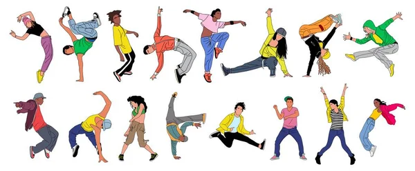 Set Teenager Dancers Hip Hop Breakdance Outline Vector Drawing Isolated — ストックベクタ