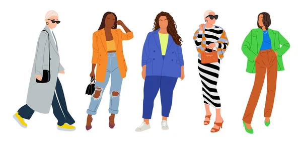 Γυναικεία Συλλογή Διαφορετική Πολυεθνική Στέκεται Περπατώντας Κυρίες Smart Casual Στολή — Διανυσματικό Αρχείο
