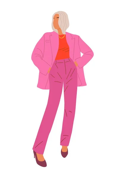 Деловая Женщина Стоящая Элегантной Офисной Одежде Розовом Костюме Высоких Каблуках — стоковый вектор