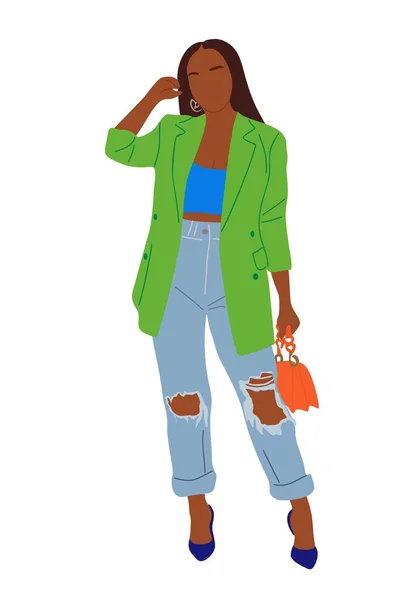 Siyahi Kadını Şık Şık Bir Kıyafet Ceket Kot Pantolon Topuklu — Stok Vektör