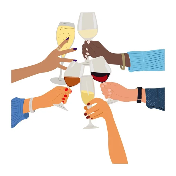 Set Different Female Male Hands Holding Glasses Cheers Champagne Sparkling — Stock Vector