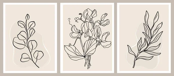 植物壁アートベクトルセット スイートピーの花やユーカリの葉で北欧のラインアートを描く 概要印刷 カバー 壁紙のための植物アートデザイン ベージュと黒のベクトルイラスト — ストックベクタ