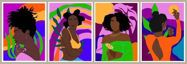 現代の女性の壁のアートコレクション 抽象的な女性のプリント ブラックアートの壁の装飾 スタイリッシュな黒の女性と熱帯の葉と明るい鮮やかな鮮やかな壁紙のデザイン ベクトルカラフルなイラスト — ストックベクタ
