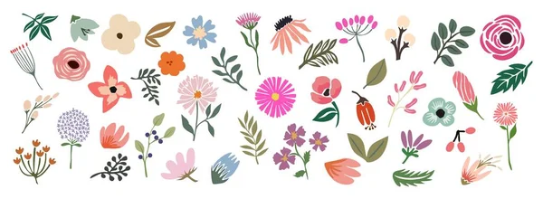 Sada Ručně Kreslených Květinových Designových Prvků Různé Divoké Květiny Listy — Stockový vektor