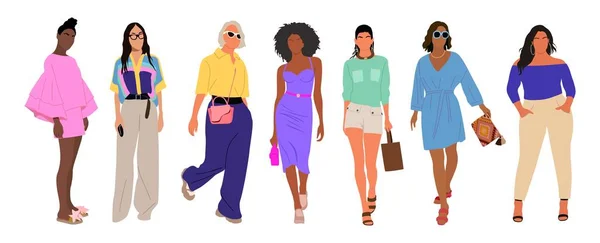 Collection Différentes Femmes Élégantes Vêtements Bureau Été Mode Ensemble Tenues — Image vectorielle