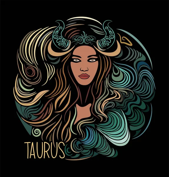 Taurus Zodiac Tegn Smuk Pige Håndtegnet Vektor Farverig Illustration Sort – Stock-vektor