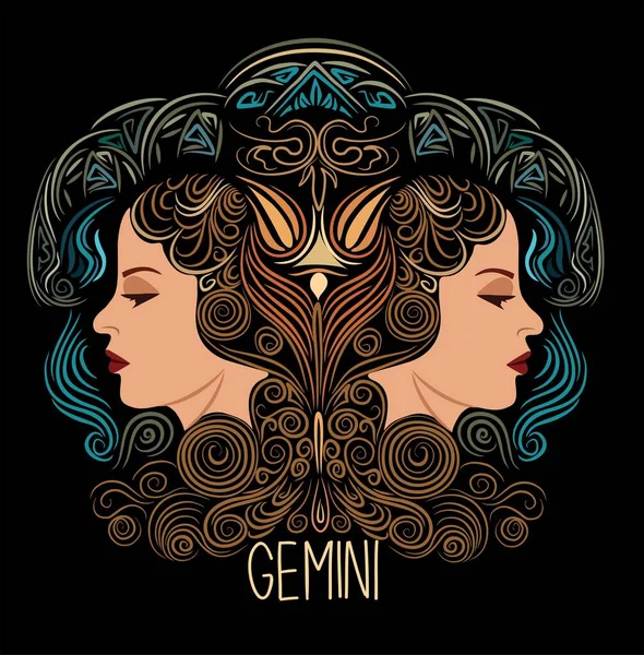 Gemini Zodiac Sign Beautiful Girl Hand Drawn Vector Colorful Illustration — Stock Vector