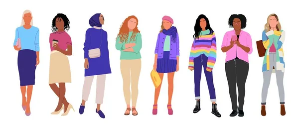 Γυναικεία Συλλογή Διαφορετικές Πολυπολιτισμικές Γυναίκες Κομψά Casual Μοντέρνα Ρούχα Γραφείου — Διανυσματικό Αρχείο