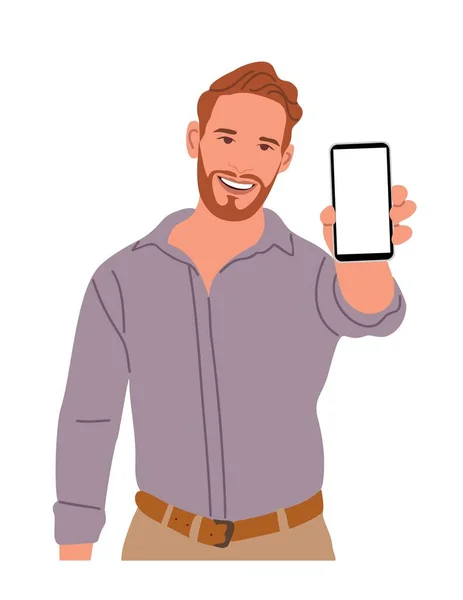 展示手机显示屏的商人 英俊的胡子男人拿着带有空白屏幕的智能手机 电话模拟 在白色背景上孤立的平面矢量写实图 — 图库矢量图片