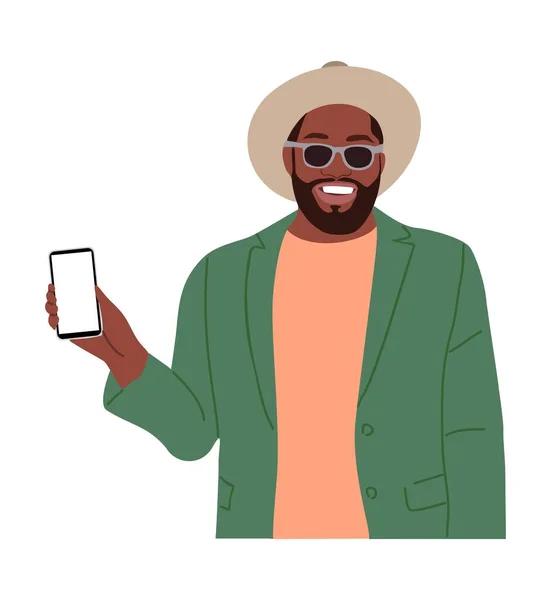 黑色男子显示手机屏幕 英俊的胡子男人拿着带有空白屏幕的智能手机 电话模拟 在白色背景上孤立的平面矢量写实图 — 图库矢量图片