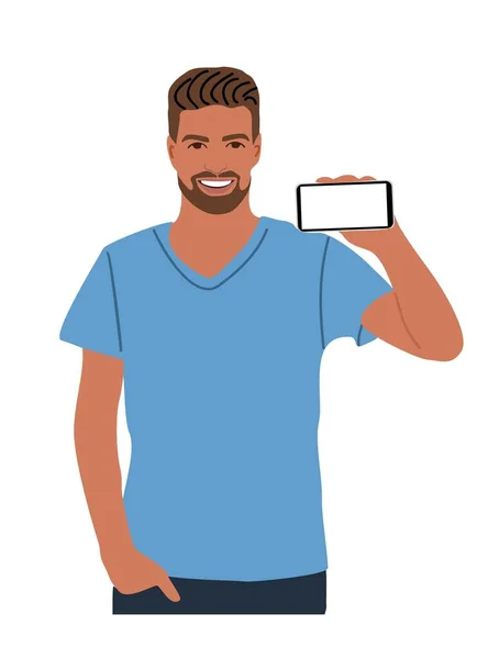 展示手机显示屏的商人 英俊的胡子男人拿着带有空白屏幕的智能手机 电话模拟 在白色背景上孤立的平面矢量写实图 — 图库矢量图片
