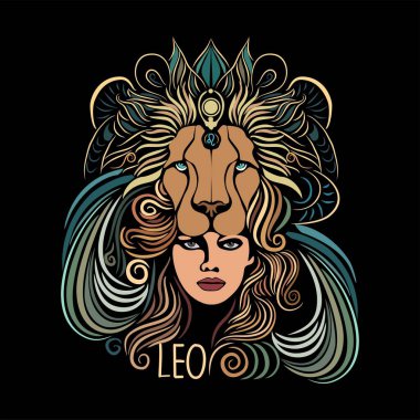 Leo Zodiac işareti, güzel kız ve aslan başlı el, siyah arka planda renkli vektör çizimi. Sihirli kadın karakterli astrolojik bir sembol. Duvar sanatı, tişört, dövme için modern tasarım.