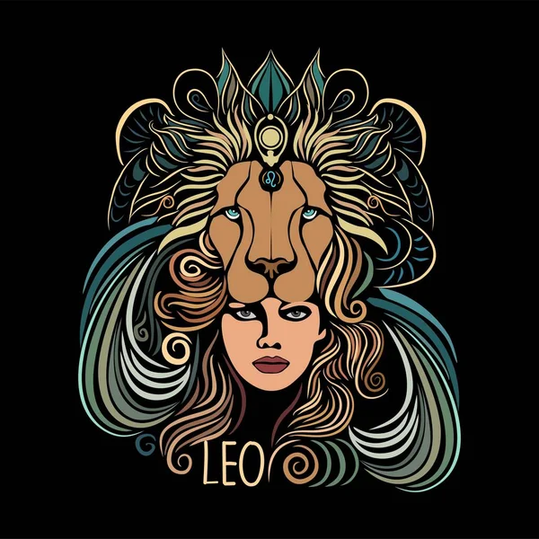 Знак Лео Зодиака Красивая Девушка Львиная Голова Нарисованы Векторной Красочной — стоковый вектор