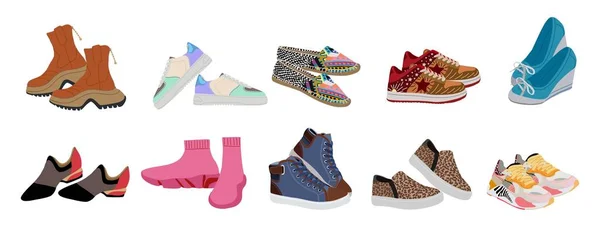 Zarif Zarif Ayakkabı Koleksiyonu Farklı Tipte Botlar Bir Sürü Modaya — Stok Vektör