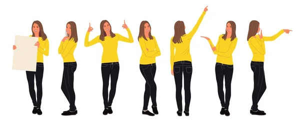 Personnage Femme Affaires Debout Dans Différentes Poses Pointage Avant Côté — Image vectorielle