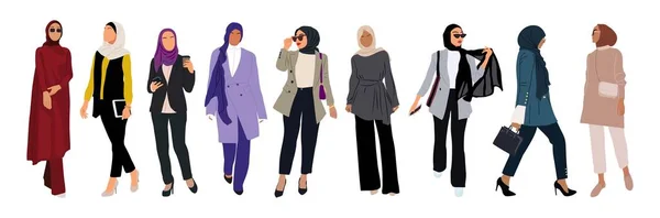 Stijlvolle Moslim Zakenvrouwen Dragen Moderne Slimme Casual Outfit Hijab Mooie — Stockvector