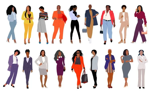 Modern Fekete Nők Afrikai Amerikai Lányok Állnak Divatos Alkalmi Irodai — Stock Vector