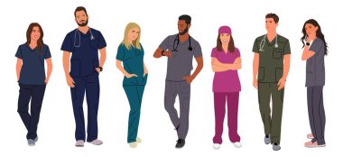 Set of smiling doctors, nurses, paramedics. Different male and female medic workers in uniform scrubs with stethoscopes. Flat cartoon realistic vector illustration isolated on transparent background.  clipart