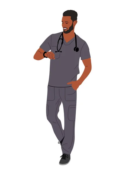 Médico Varón Retrato Hombre Negro Barbudo Sonriente Trabajador Médico Uniforme — Vector de stock