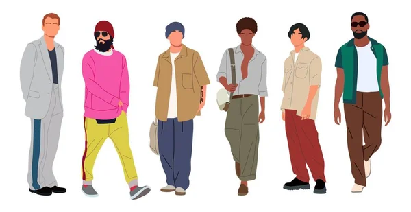 Набор Мужчин Уличной Моды Векторные Иллюстрации Молодые Люди Модном Современном — стоковый вектор