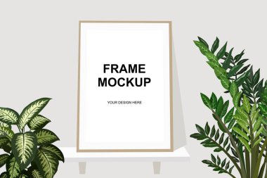 Saksı bitkileriyle çerçeve modeli, dikey resim için boş yeri olan iç dekorasyon modeli. Fotoğraf için çerçeve, duvar resimleri, baskılar, posterler. Vektör gerçekçi illüstrasyon.