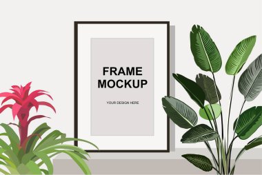 Saksı bitkileriyle çerçeve modeli, dikey resim için boş yeri olan iç dekorasyon modeli. Fotoğraf için çerçeve, duvar resimleri, baskılar, posterler. Vektör gerçekçi illüstrasyon.