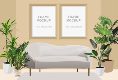 Modern oturma odasının iç kısmında kanepe ve ev bitkileriyle çekilmiş iki fotoğraf için çerçeve modeli. Fotoğraf, duvar resimleri, baskılar, posterler için 2 kare. Vektör gerçekçi illüstrasyon.