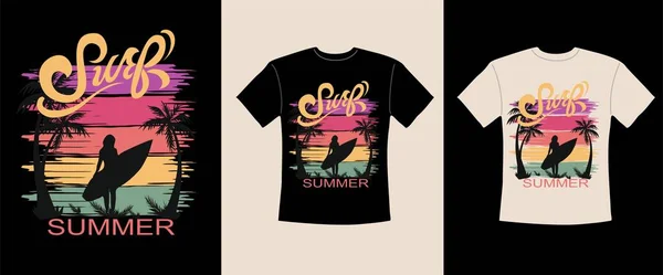 Diseño Gráfico Camisetas Letras Surf Puesta Sol Verano Palmas Silueta — Vector de stock