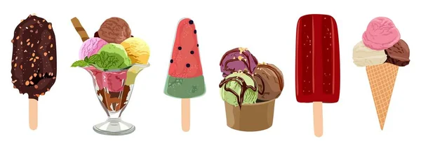 Set Different Ice Creams Sweet Summer Desserts Sundaes Gelatos Ice — Stock Vector