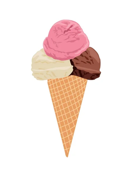 Waffle Külahında Dondurma Farklı Aromalı Kepçe Renkli Dondurma Topları Çilek — Stok Vektör