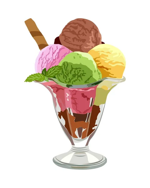 ガラスボウルにアイスクリーム 風味の異なる4つのスクープ カラフルなアイスクリームボールストロベリー バニラ ピッチョ チョコレート 白い背景に切り取られたベクトル現実的なイラスト — ストックベクタ