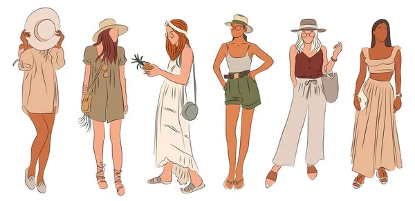夏のビーチの衣装で美しい女性のセット ブーブースタイルの夏服や帽子を身に着けている魅力的な女の子 線画線画線画線画線画線画線画線画線画線画線画線画線画 — ストックベクタ