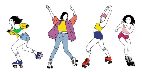 ローラースケーターは白い背景に隔離されたベクトル図面をアウトライン ローラーブレードに若いクールな10代の女の子のセット 楽しいスポーツ活動中の10代 韓国語日本語アジア漫画細いラインスタイル — ストックベクタ